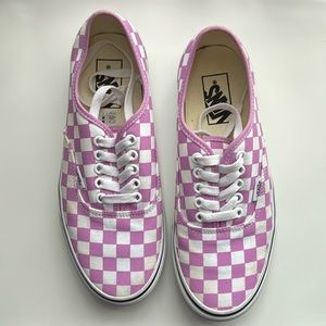 pink and white lace checkered vans